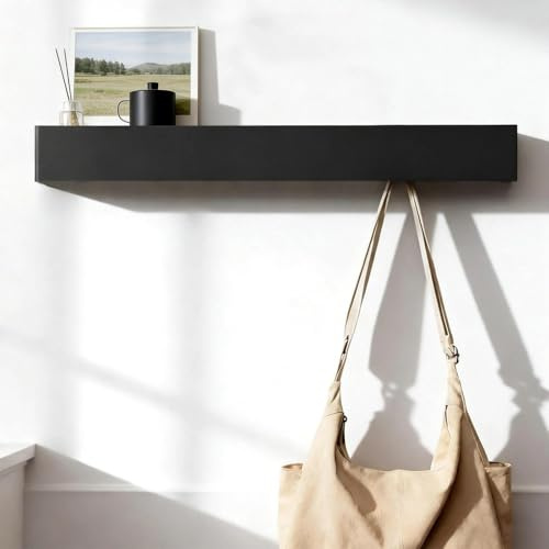 ATTEEFI 60cm Wandgarderobe mit Ablage und 7 versteckten Haken, Geräumige wandhaken garderobe aus Metall und Holz, hakenleiste garderobe für Flur, Schlafzimmer, Wohnzimmer, Schwarz