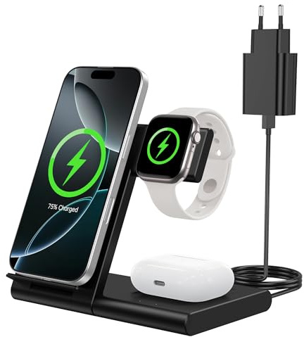 Caricatore Wireless Apple 3 in 1, Stazione di Ricarica Rapida per iPhone 17/16/15/14/13/12/11/Pro/Max/Plus, Apple Watch Ultra 3/11/10/9/8/7/6/SE 3, per AirPods Pro 3/4/3/2