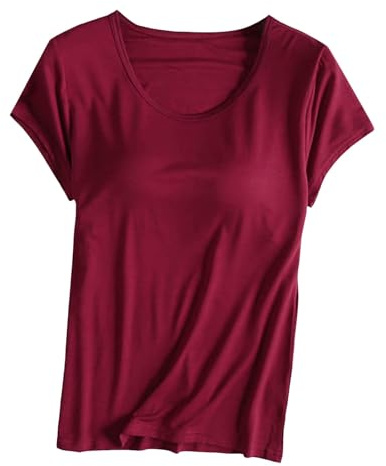 T-shirt pour femme - Coupe ajustée - Avec soutien-gorge intégré - En coton - Maillot de corps basique - Col en U - Haut intégré - Sans armatures - Rembourré - Sans armatures - Confortable - Yoga