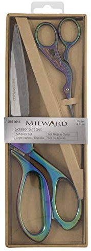 Milwards 2189015 - Juego de regalo de primera calidad, incluye tijeras de vestir y tijeras de bordar cigüeña, arco iris, 20 cm y 9,5 cm