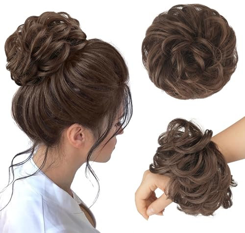 FESHFEN Chignon Finto per Capelli, Elastici Chignon Finti Sintetica Ondulato Capelli Naturale Coda di Cavallo Marrone caramello Posticci per Capelli Spessi Updo per Donne Ragazze, 55g