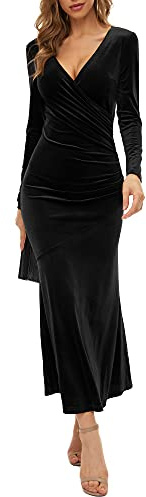 Robe de Cocktail Longue en Velours avec col en V et Manches Longues pour Femme, Noir, Taille M
