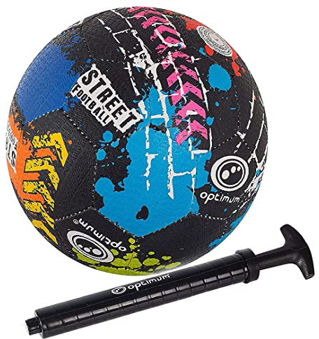 Optimum Unisex Street Football - Top-Grade Durable Korean Rubber, Long-Lasting Tire Grip, Ideal for Concrete & Asphalt, All-Weather, Multi-Colour,Size 4 With Pump