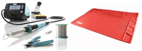 Weller WE 1010 (T0053298390) Kit éducatif 70 W/230 V Station de soudage numérique 1 canal avec 2 pointes de soudure & WLACCWSM1-02 Tapis Poste De Travail A Souder En Silicone De Grand Taille En Rouge