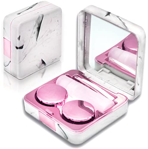 Vastsoon Contact Lens Case, Portable Cute Eye Contacts Colored Lenses Applicator Remover Tool Kit with Mirror Solution Bottle for Travel Daily Outdoor (Square, Rose)