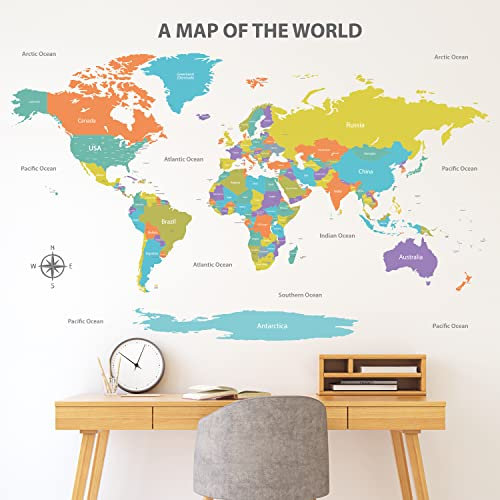 DECOWALL DL3-2302 colori mappa del mondo bambini parete decorate casa arte ragazzi stanza bambino 3d legno internazionale apprendimento del colore tappezzeria nazione in tutto il mondo istruzione