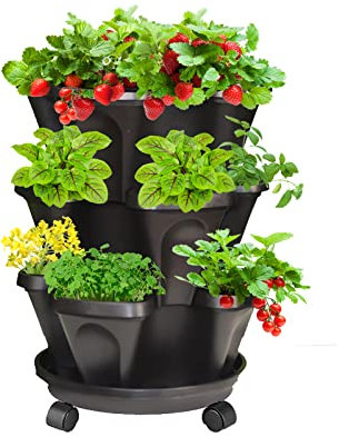 Tectsia Strawberry Vertical Planter, Stacking Garden Tower, 3 Tiered Stackable Herb Vegetable Planters with Movable Casters and Bottom Saucer Indoor and Outdoor - Black