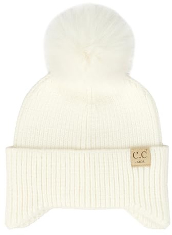 C.C Kids Ear Flap Fur Pom Beanie for Boys Girls - Comfortable Soft Warm Children Youth Knit Skully Hat with Faux Fur Pom (Ivory)