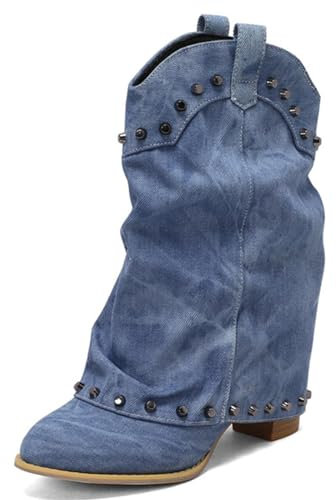 CRETUAO Stivali ripiegabili con Rivetti Moda Donna,Stivali di Jeans Larghi al Polpaccio con Punta Tonda,Stivali Classici con Frange con Tacco Spesso e Stivali al Polpaccio,1 Dark Blue,37 EU
