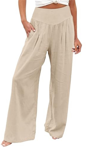 Generisch Pantalon de maternité pour femme - Pantalon d'été Palazzo en coton et lin - Taille haute et jambe large - Pantalon long avec poche - Pantalon pour femme, beige, M