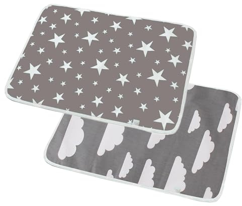 Lot de 2 matelas à langer, lavables, pour bébés et tout-petits, imperméables, respirants, réutilisables, motif étoiles + nuages, 50 x 70 cm