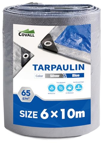 Covall Telone Occhiellato Leggero Argento/Blu Antistrappo Impermeabile Antivento e Resistente ai Raggi UV per Auto,Camion,RV,Casa,Tenda,Barca,Piscina Telo 65g/m² （6x10）