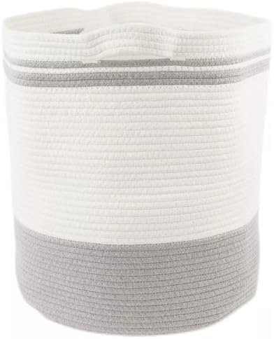 70L Cotton Rope Basket, Large Laundry & Toy Storage Organiser with Handles in Grey & White, for Use in Bedroom, Bathroom, Living Room, Children's Room