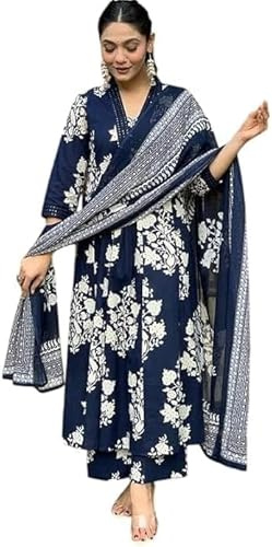Sambhav Quilt Hub Womens Rayon Blend Anarkali Printed Kurta with Palazzo & Dupatta Festive Wedding Party Kurta Set, Blue, XXXL