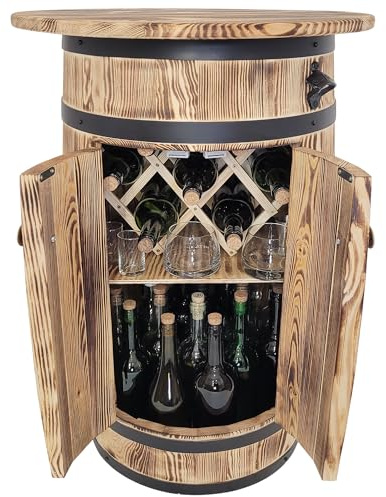 weeco Armoire en bois de pin en forme de tonneau avec étagère et étagère pour 30 à 40 bouteilles - Étagère de bar rustique avec décapsuleur et porte-bouteilles pliable - 80 x 55 x 44 cm - Marron