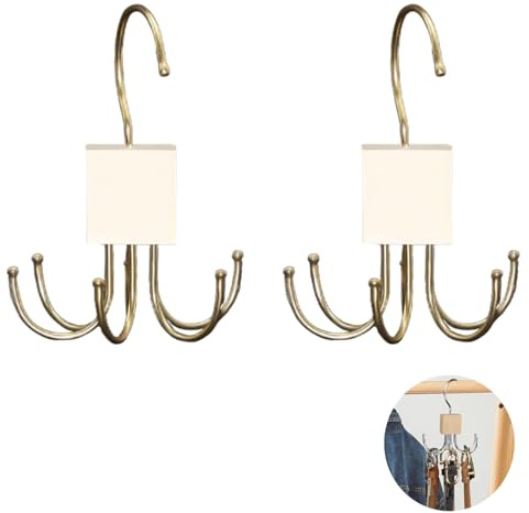 Belt Hanger for Closet, Rotatable Hanging Holder with 6 Hooks - Wood Color, Storage Rack for Belts, Socks, Gloves & Accessories (2Pcs White)