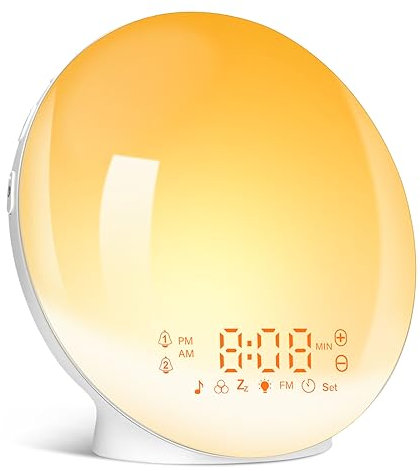 Reloj despertador Sunrise con luz de despertador de 7 colores y lámpara de noche de noche, alarma dual, función de repetición, radio FM y 7 sonidos naturales para un despertar suave.