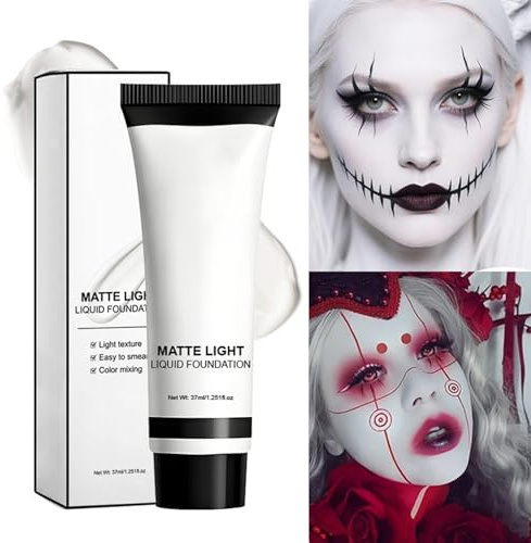 Maquillage Blanc - Fond de Teint Liquide - Fluide Mat 37ml Anti-Trace Longue Tenue pour Adulte Enfant Fête Scène Halloween Cosplay