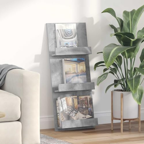 Ziaphsol Étagère à revues béton gris en bois 43 x 11 x 102 cm avec 3 étagères pour magazines, brochures et ordre dans le salon et le bureau