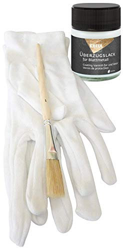 1 x Kreul Überzugslack 50ml hochglänzender, transparender Schutzlack Lack für Blattmetall Blattgold Schlagmetall Blattsilber + 1 Paar Vergolderhandschuhe + 1 Pinsel