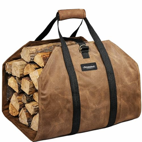 AMAGABELI GARDEN & HOME Firewood Carrier Waxed Canvas Firewood Bag Heavy Duty Large Fireplace Carrier Durable Log Tote Fire Wood Carring Bag with Handle Wood Sling Holder Cabin Stove Accessories Brown
