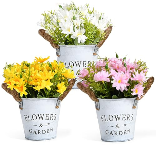 GoMaihe Pequeña Margarita Artificiales Decoración Jarrones, Flores Artificiales Decorativas Maceta 3Pcs, Plantas Artificiales Adecuado para El Hogar Oficina Decoración Jardín Baño Cocina Balcón