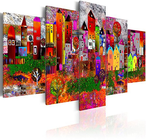 B&D XXL HandArt Bilder auf Leinwand 5 tlg Leinwandbild Wandbilder Wohnzimmer Wanddekoration Moderne Kunst - Stadt bunt Abstrakt Häuser d-A-0052-b-m