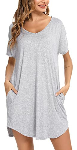Aseniza Camisón Mujer Algodon Camisones Manga Corta Cuello en V Ropa de Dormir Suave para Otoño Invierno Primavera VeranoTranspirable Camisón Holgado con Bolsillos S-XXL