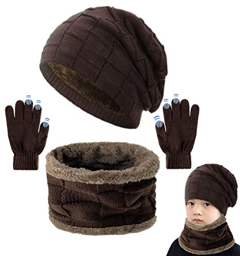 CheChury Enfants Bonnet Tricoté Écharpe Gants d'hiver Tour De Cou avec Double Polaire Chaud Écharpe et Chapeau pour Garçons et Filles, 3 Pièces