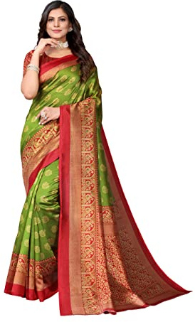 Yashika Sari impreso de seda artística para mujer con pieza de blusa, Mehendi, talla única