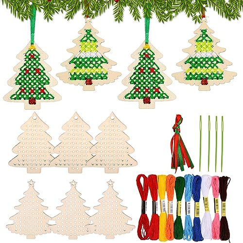 10 Stücke Holz Kreuzstich Kits, Weihnachten Holzdekoration Set, Weihnachtsbaum Ornamente, Dekoration für Weihnachtsbaum