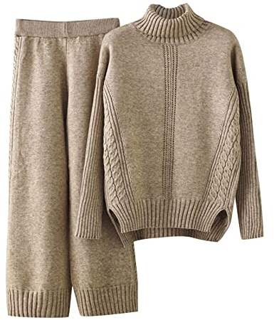 YCBMINGCAN Set da donna in maglia per autunno e inverno, con colletto alto, pantaloni lunghi, 2 pezzi, da sci, B-kaki., Taglia unica