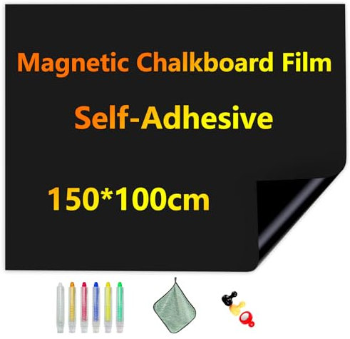 JOMUSAGA Magnetic Chalkboard Film, 150 x 100 cm, Self-Adhesive Blackboard Sheets, Blackboard Paper for Wall, Includes Dry Wipe Pens, Eraser & Magnets – Ideal for School, Home & Office