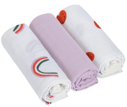 Lässig Puck Manta de bebé pañales Muselina Set de 3 Piezas algodón 60 x 60 cm/Swaddle & Burp Blanket M Happy Rascals Lavender