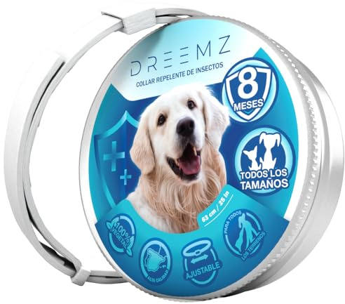 DREEMZ® Collar Repelente de Insectos - Antipulgas Perros, garrapatas y Mosquitos, 8 Meses protección-63cm -100% Vegetal-Impermeable - Formatos (1 Und Blanco)