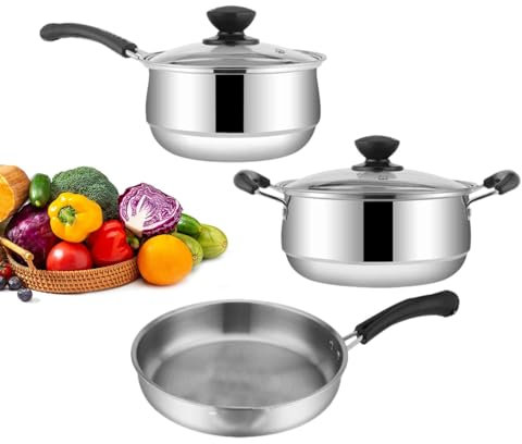 Juego de ollas y sartenes antiadherentes de acero inoxidable para cocina - 3 sartenes de cocina de acero inoxidable - Juego de ollas y sartenes para cocinar a fuego lento