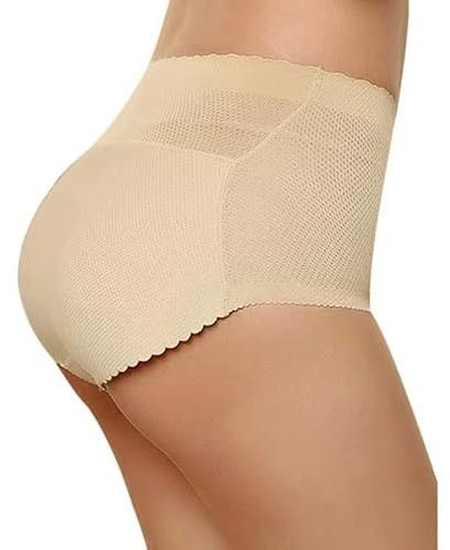 Mujer Bragas con Relleno - Sexy Esponja Acolchada Malla Transpirable Control De La Barriga Fajas Color Sólido Invisible Falso Culo Push Up Lencería Sin Costuras,Beige,M