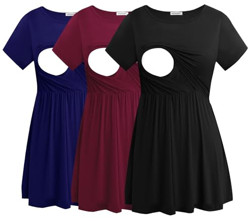 Smallshow Women's Maternity Nursing Tops Short Sleeve Breastfeeding Clothes 3 Pack,Black-Navy-Maroon,M
