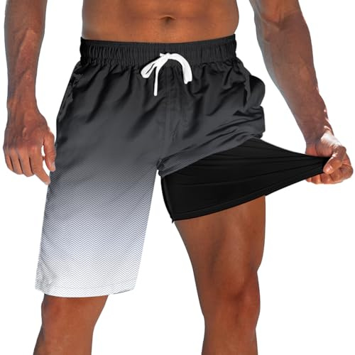 Board Shorts for Mens Striped Black White Men's Swim Trunks with Brief Liner 9 Hawaii Beach Shorts Quick Dry Cycling Black Swim Trunks with Pockets Running Holiday Board Shorts Men Cool Wear M