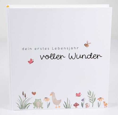 goldbuch 513 Babytagebuch Voller Wunder Wiese Weiß, Erinnerungsalbum mit 100 illustrierten Seiten, Einband mit Goldprägung und einem Wiesen-Motiv, Erinnerungsalbum, Babyalbum ca. 24,5 x 22,5 x 3,5 cm