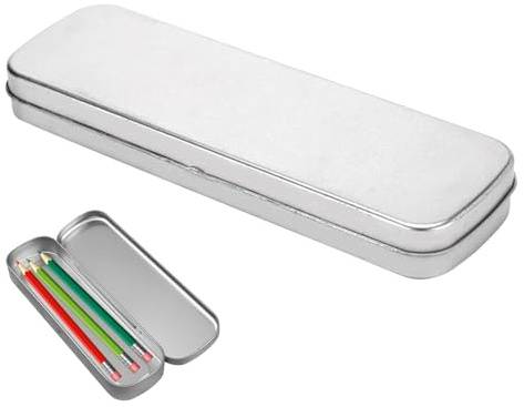 Silver Metal Pencil Case - Portable Makeup Brush Organizer Slim Tin Box for Home Office School Stationery