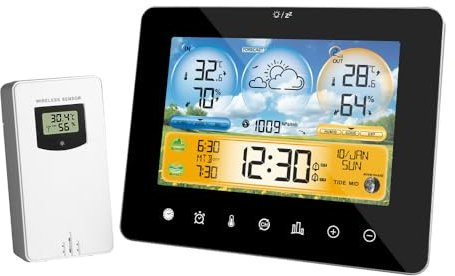 Gerbala Estación Meteorológica Inalámbrica, Weather Station con Sensor Interior y Exterior, Pantalla a Color, Pronóstico del Tiempo, Temperatura, Humedad, Alarma, Barómetro, Reloj Digital