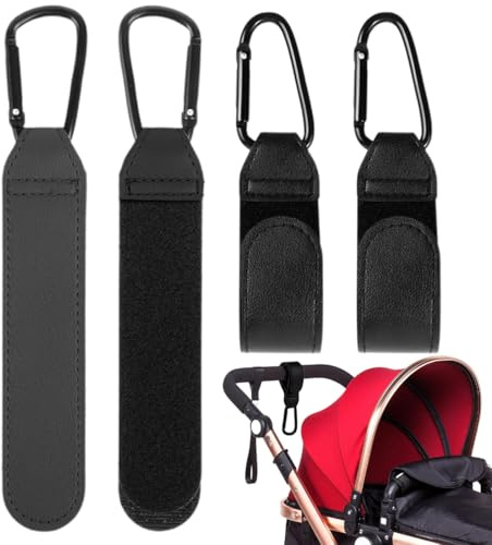 MOLZINY 4 Pezzi Ganci Passeggino Clip per passeggino in pelle nera Portaborse per Passeggino resistenti ganci per passeggino per borsa per bambini(Nero)