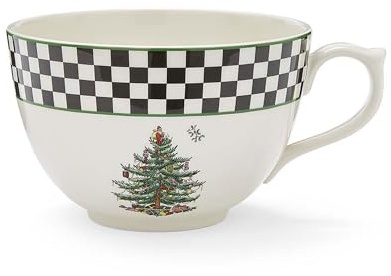 Spode Black & White Jumbo Christmas Mug - 20oz Porcelain Oversized Cup with Handle Featuring Holiday Tree Motif, Microwave & Dishwasher Safe - Seasonal Ceramic Mug for Gifting & Hosting