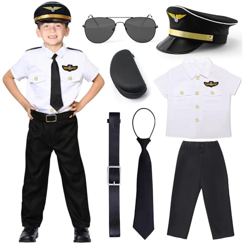 naygnahz Pilot Costume for Kids Airplane Uniform Sunglasses Flight Hat Halloween Pilot Costumes Boys Career Day Costume