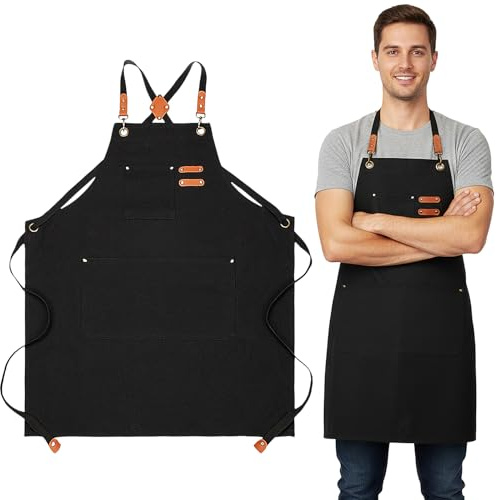 Aurafly Tela Grembiuli, Lavoro Grembiuli per Uomini Donne con Regolabile Cintura, grembiuli Cuoco Uomo Multitasche, Incrocio Posteriore grembiule Barbecue per Cucina, Ristorazione, Artigiano, Barista