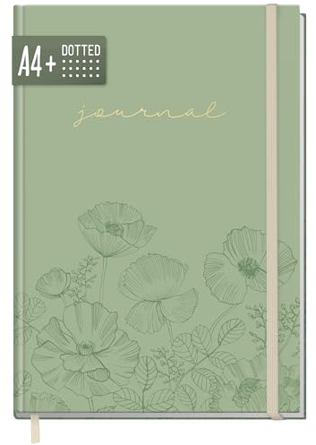 Häfft paper&you® Dotted Journal A4+ anteckningsbok Green Poppy | 156 numrerade sidor med prickmönster och gummiband – för dagbok, listor och anteckningar