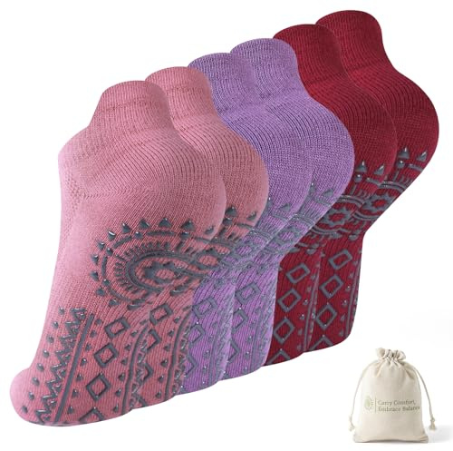 BISOUSOX Calcetines de Yoga con Bolsa Mujer Calcetines de Pilates Cortos Antideslizantes Transpirable Algodon Gimnasio Barra Fitness Regalo para Mujer Madre Embarazada 3 Pares
