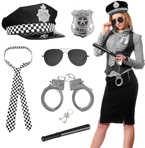 SilverChry Policía Accesorios de Disfraces, Accesorios para Disfraz de Policía, Que Incluyen Gorra, Esposas, Gafas de Sol y Otros Accesorios, Perfectos para Carnavales y Juegos De Rol (Estilos D-7PCS)
