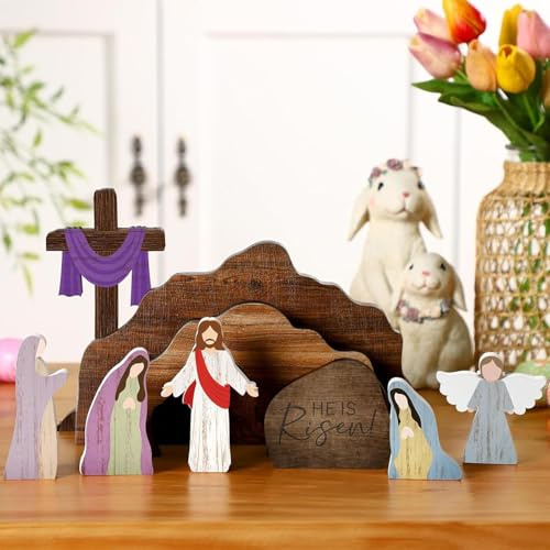 Set di 9 statuine vuote con scena cristiana e croce, set di presepe in legno, set e statuette, per interni, cortile, tavolo, casa, chiesa, famiglia, notte pasquale